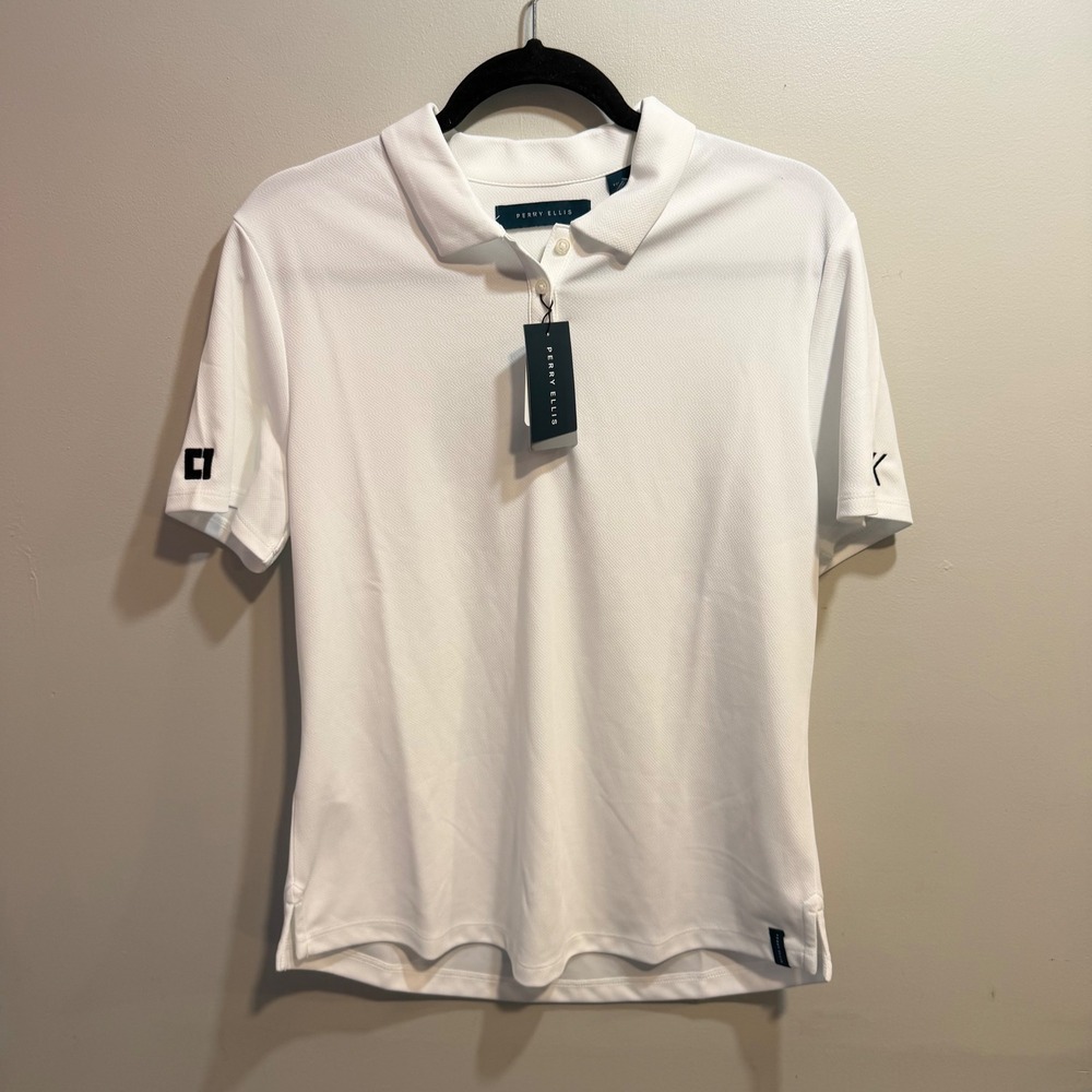 Perry Ellis Mens White Short Sleeve Textured Performance Polo Shirt Large NWT